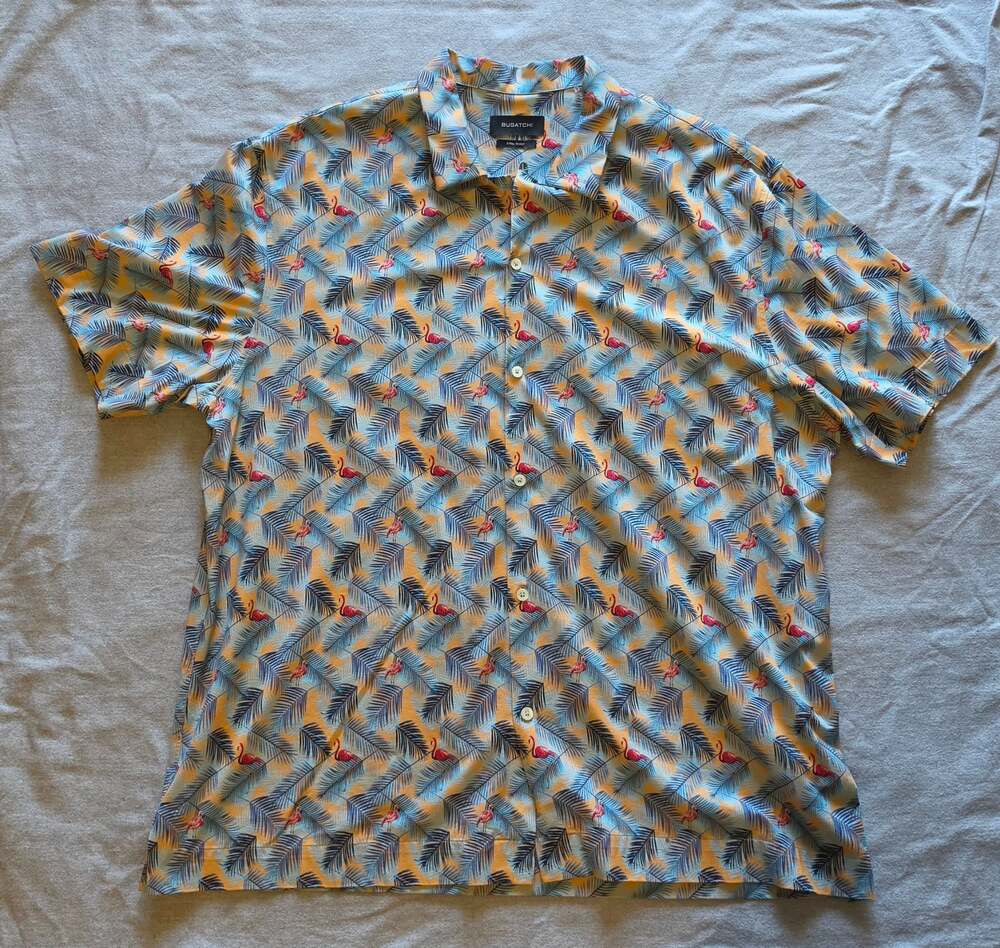 Bugatchi 8 Way Stretch OoohCotton Shirt Mens XXL Flamingo Palm Leaf Hawaiian
